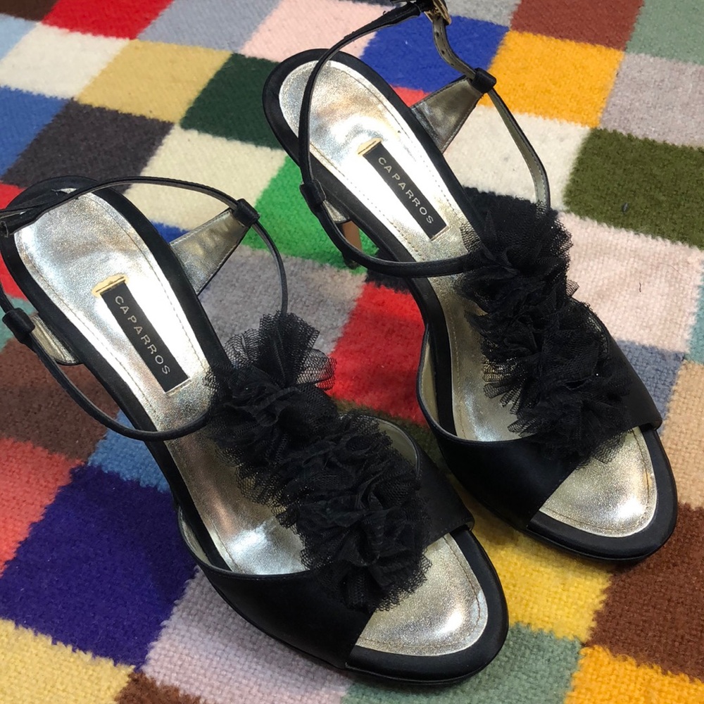 Caparros black satin sandal heels with tulle